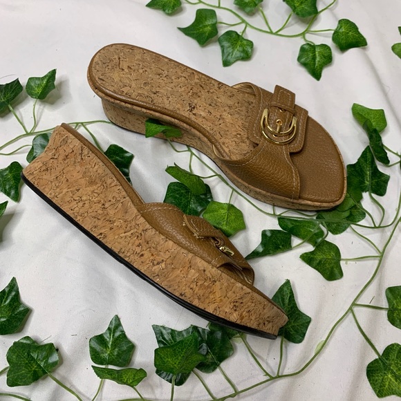 Stuart Weizmann Brown Cork Slip On Wedge Sandals